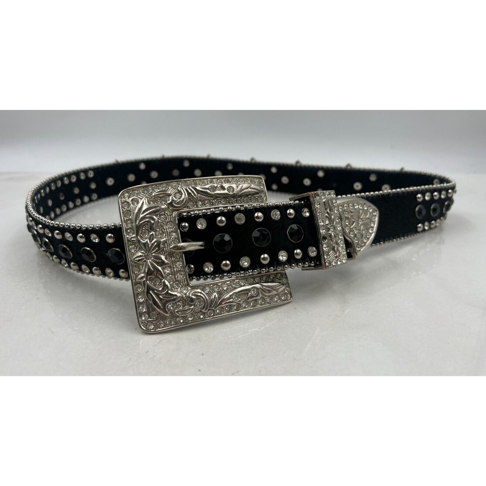 West Star Leather Belt Womens M Black Pony Hair Buckle Rhinestones Western